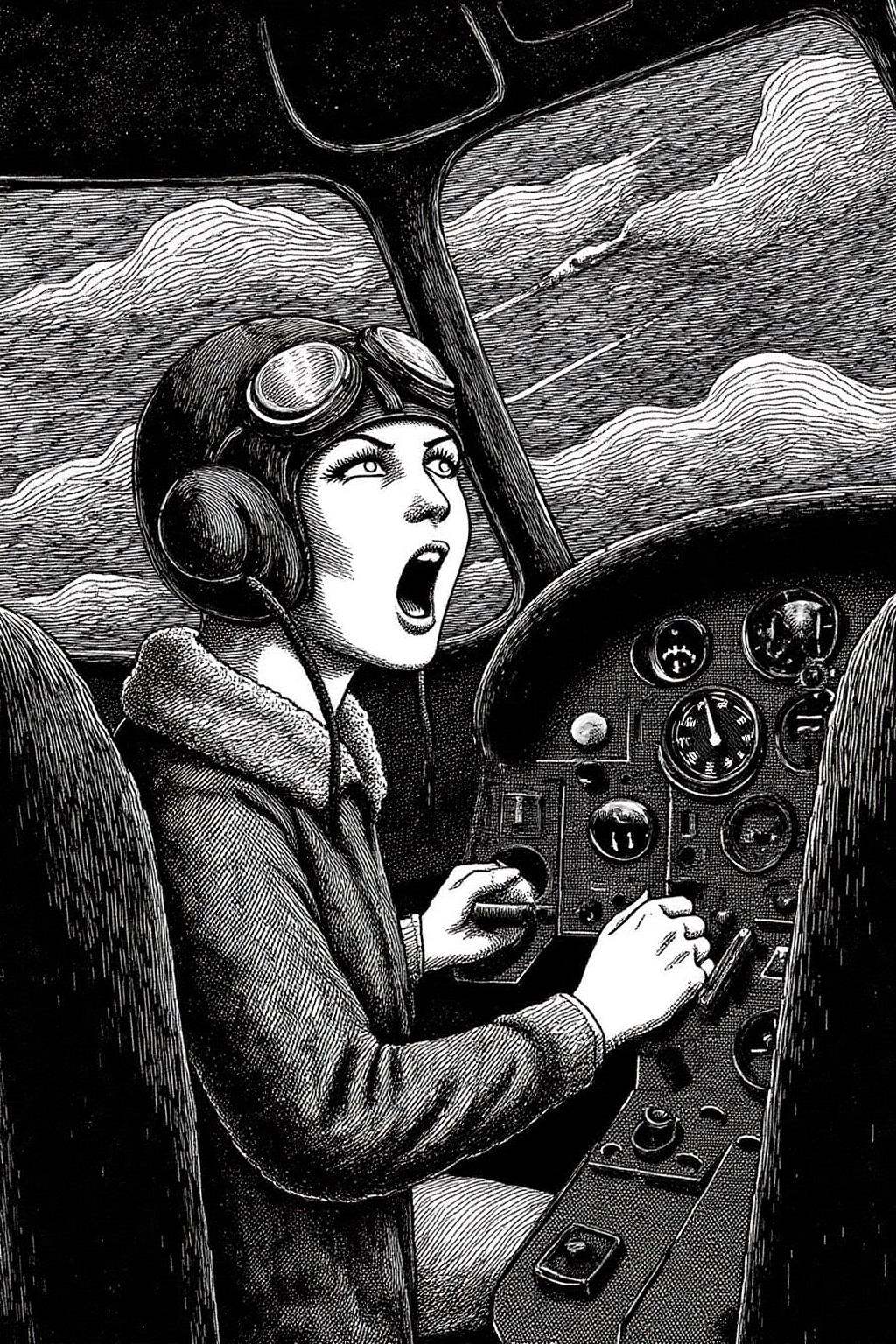 edwardgorey1 illustration.A female pilot screaming inside the cockpit of a World War II bomber. The pilot,  wearing a vint...