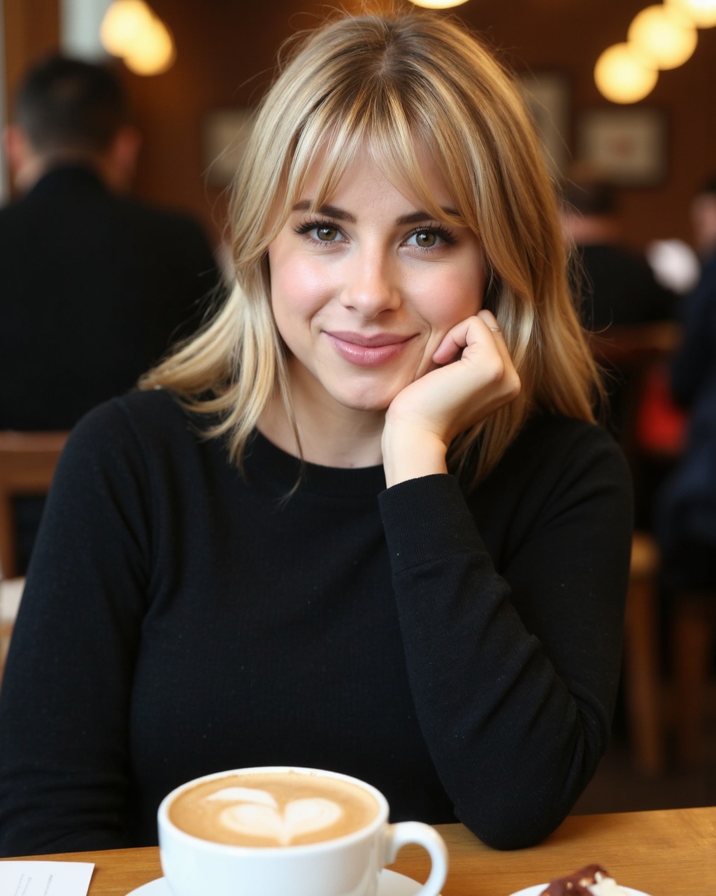 A portrait of daniella_monet seated at a table in a cafe. She has blonde hair with bangs and wears a black top. Her hand r...