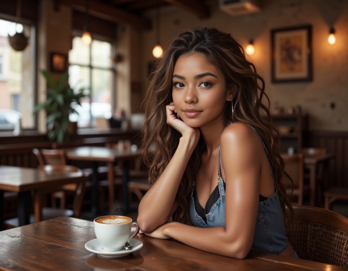 a beautiful woman,  sitting in a coffee shop on Tensor.Art