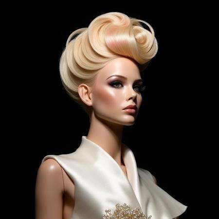 A haute couture model on a cat walk wearing a whimsical pantsuit,  her hair is styled in an artistic updo,  front angle. A...