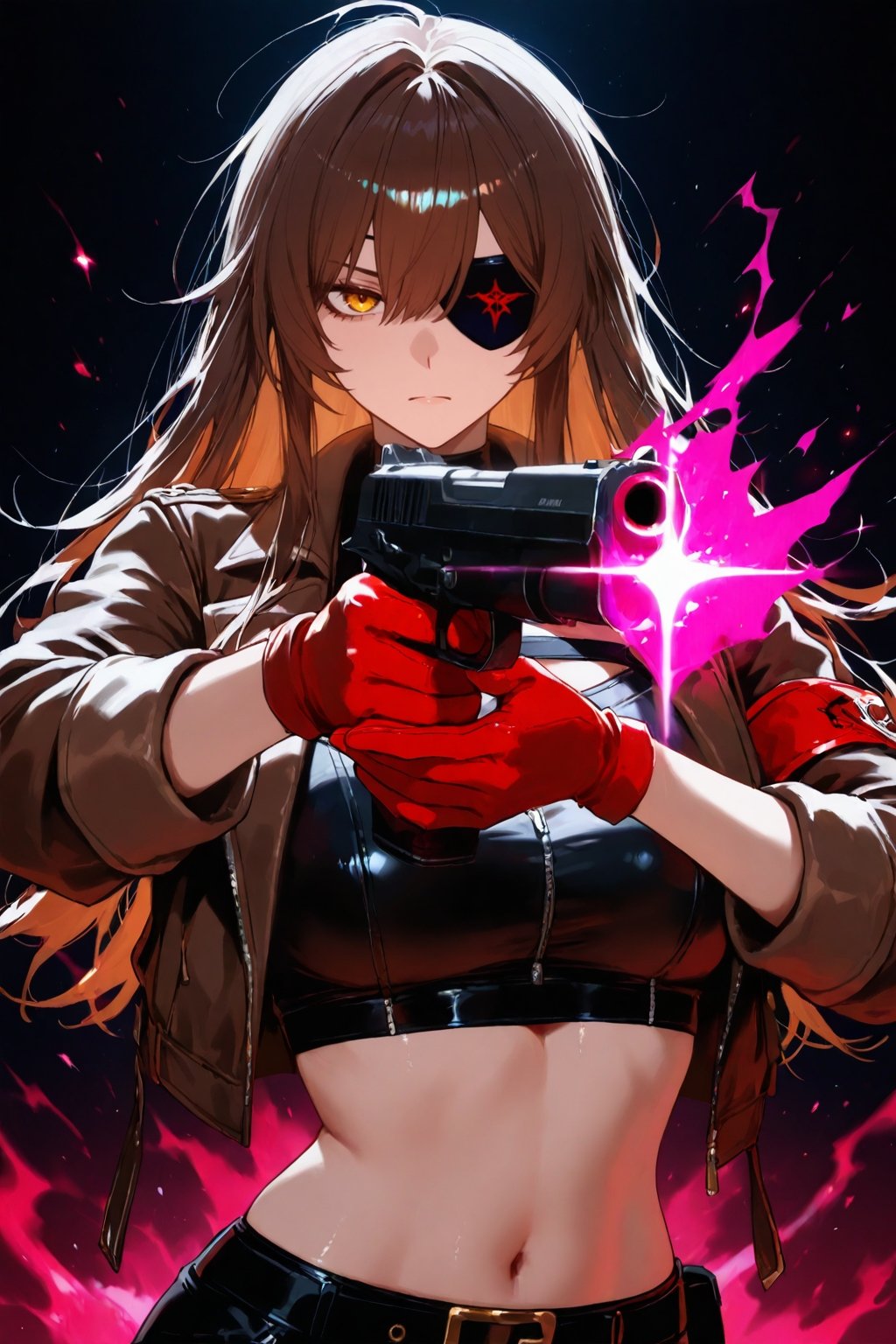 very awa, 1girl, solo, looking at viewer, upper body, serious, brown hair, medium breasts, straight hair, messy hair, eyepatch, holding two gun, red energy, aura, hands up, sparkles, cinematic, brown jacket, black crop top, bare navel, dark background, red gloves, masterpiece, best quality, absurdres, very aesthetic, amazing quality, newest