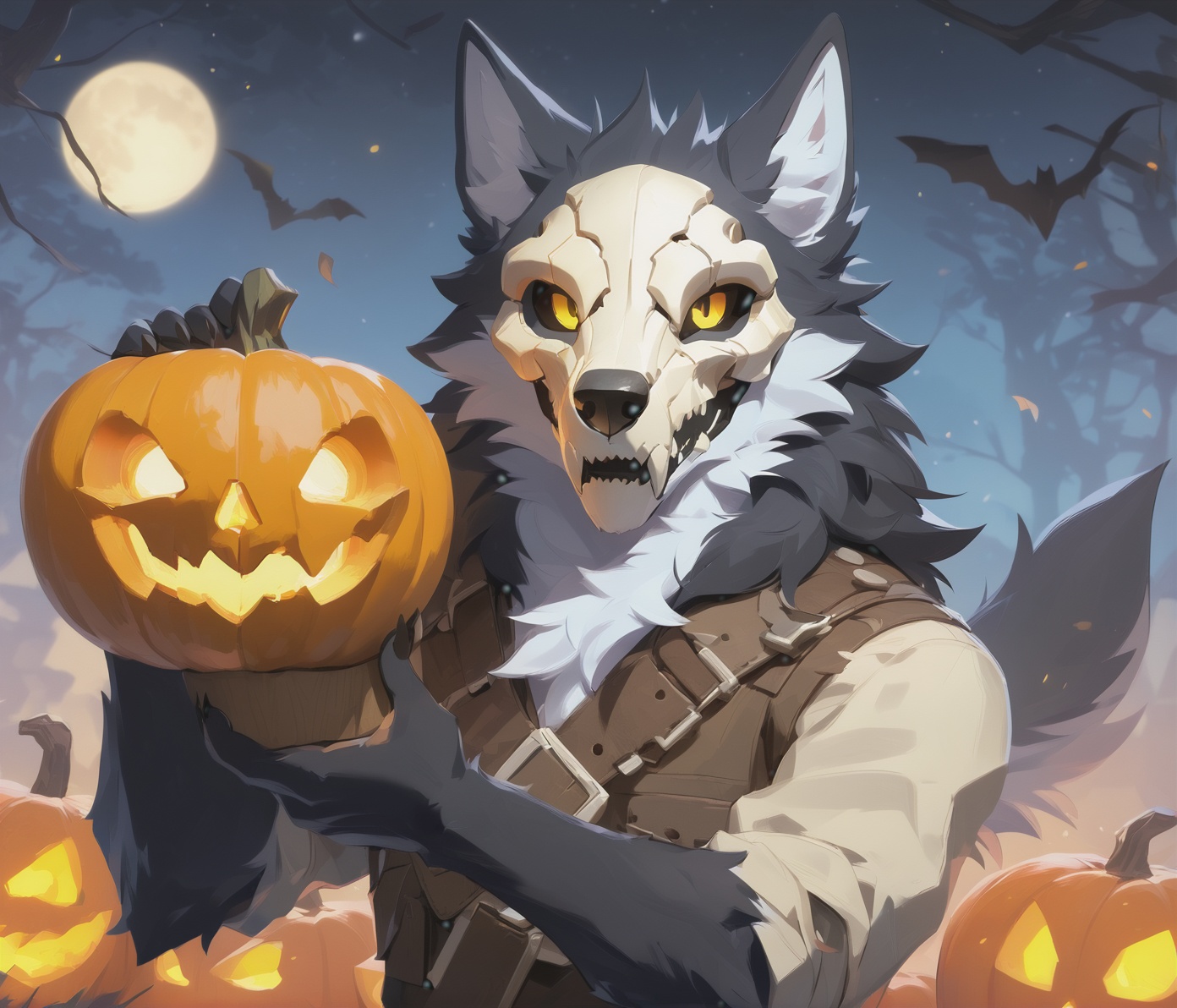 score_9,score_8_up,score_7_up,high quality,hires,solo,yellow eyes,black sclera,skull mask,atlas,furry,wolf,yellow pupils,holding jack-o'-lantern,happy,smile,body fur,