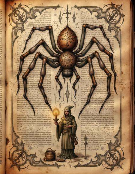 spllbkpg,  An ancient manuscript displays a giant spider with a body covered in rune-like patterns. Its legs extend outwar...