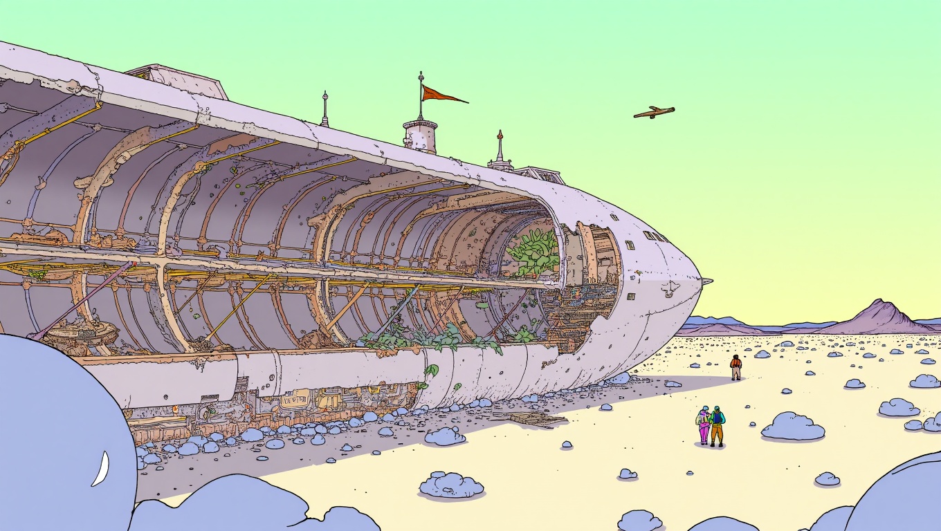 cartoon moebius illustration in mb artstyle depicting an enormous ancient spacefaring vessel,  half-buried in the dunes of...