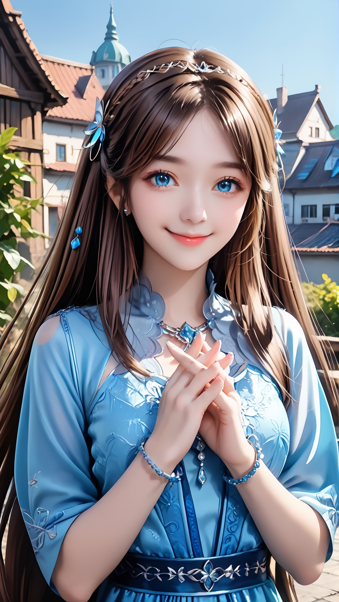 1girl,hair ornament,blue eyes,brown hair,dress,long hair,solo,smile,upper body,looking at viewer,own hands together,blue dress,bracelet,closed mouth,jewelry,sky,building,blue sky,<lora:pony宁荣荣-000008:0.7>,