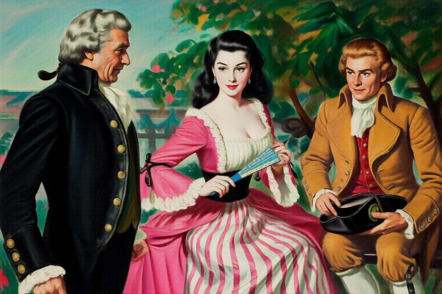 walterbaumhofer2q illustration. Two men and a woman are dressed in period clothing. On the left,  an elderly man with a wh...