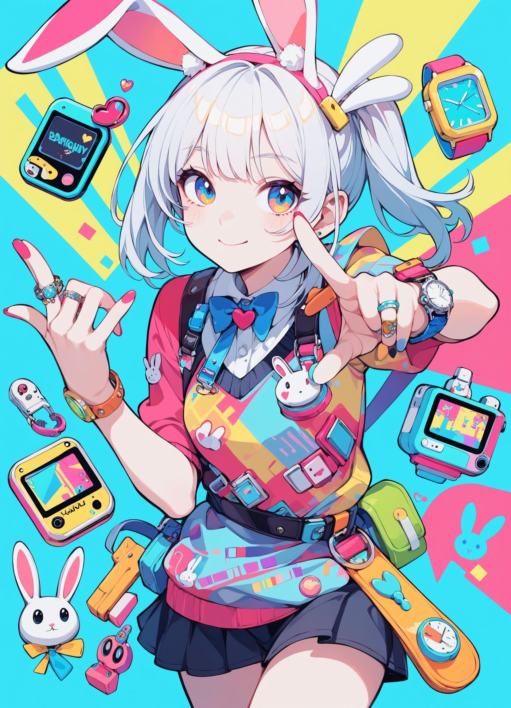 an illustrated hand wearing multiple quirky accessories against a bright blue background. the fingers are adorned with various colourful rings and a small watch. the wrist is layered with multiple watches,bands,and retro gadgets,including a screen displaying a cartoon bunny and another device showing a pixelated character. the hand wears a vibrant sleeve with multiple layers of fabric in different colours,adding a playful,eclectic feel. the illustration is vibrant,with bold outlines and a pop-art style.,hand,rings,watches,retro gadgets,cartoon bunny,layered accessories,bright colours,pop-art,eclectic,blue background,