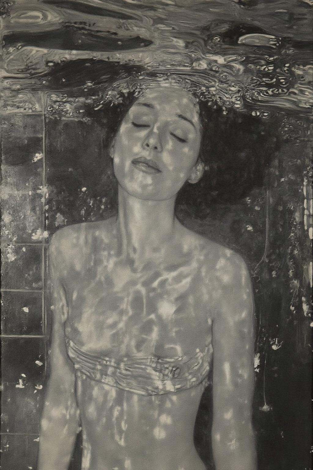 kl1mt painting. Closeup shot of a serene and artistic underwater scene featuring a woman partially submerged in water. She...