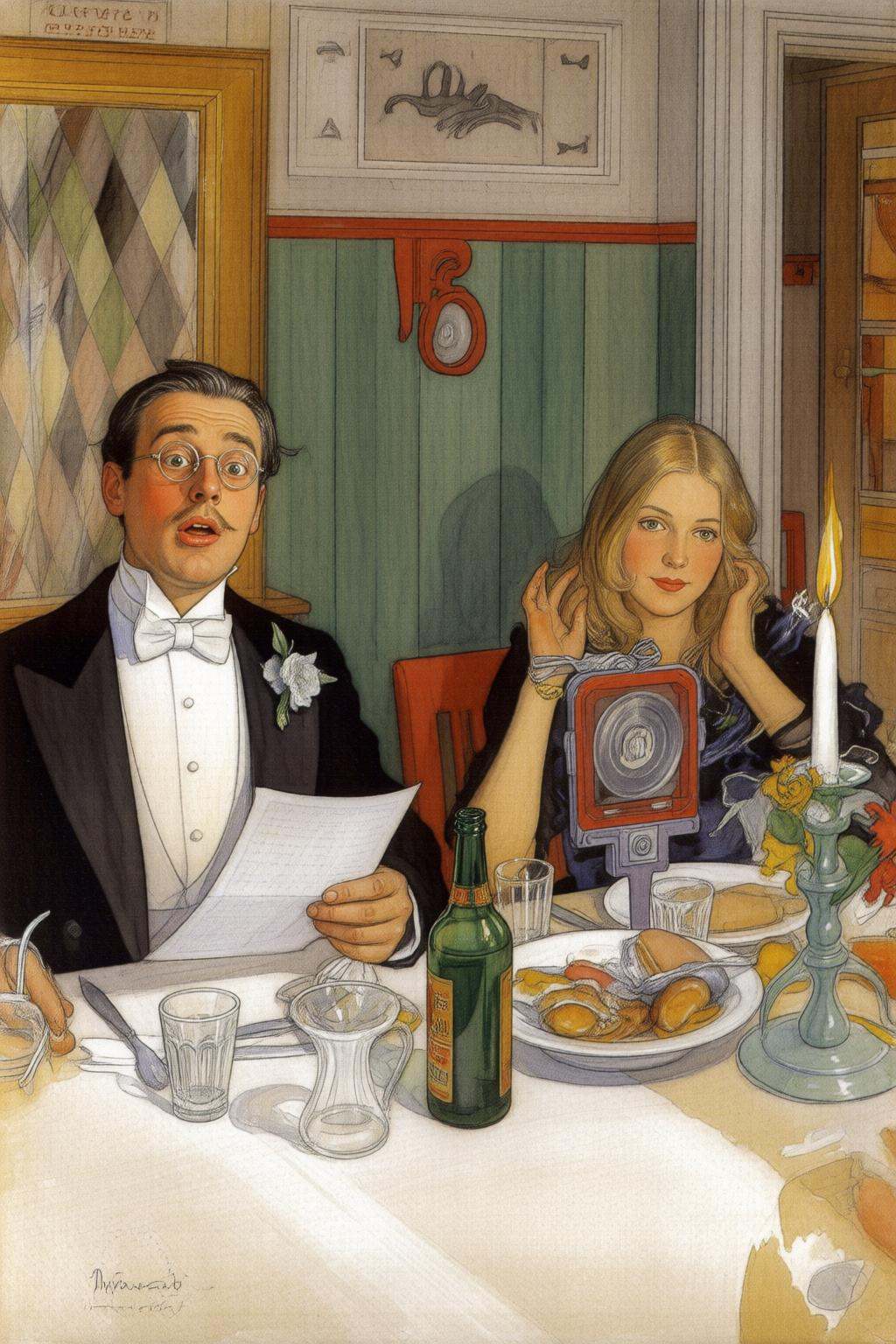 carllarsson2q painting.kard1. Closeup of a couple seated at a table covered with a white tablecloth. On the left is the ma...
