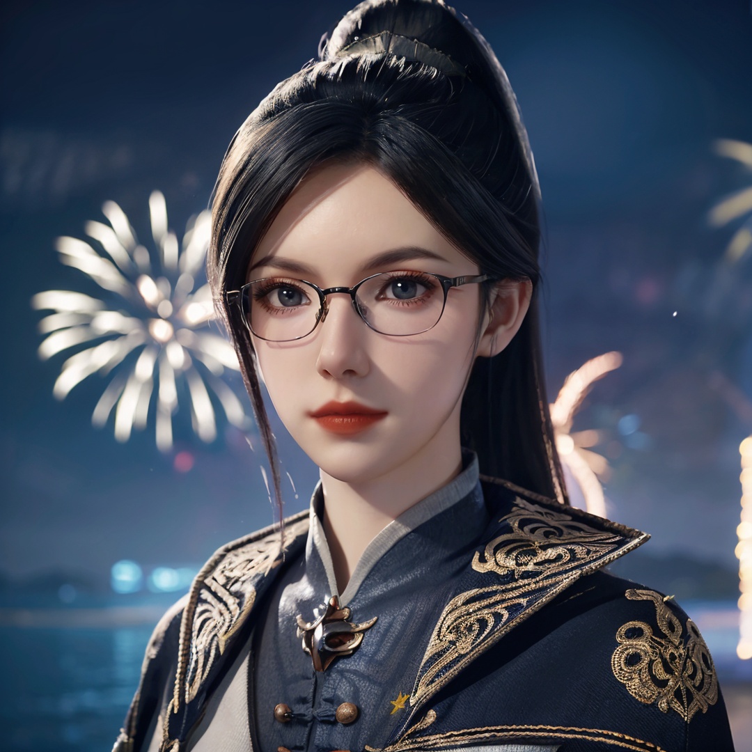 1girl,solo,ponytail,black hair,hair ornament,grey eyes,((black thick black-rimmed glasses)),chinese clothes,cape,(looking at viewer),upper body,outdoors,snow,snowflakes,((night)),((fireworks:1.3)),lake,scenery,((glowing)),blurry,Highly detailed,(ultra-detailed),(best quality,masterpiece:1.5),<lora:20240930-1727706729434:0.6>,