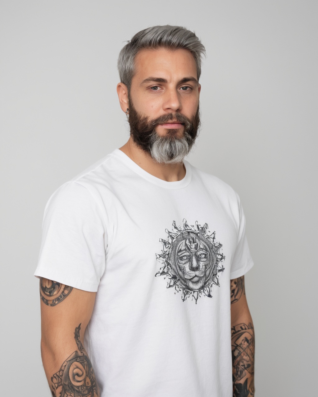 a handsome man with grey hair and a full beard wearing a white t-shirt,  with tattoos,  . on Tensor.Art