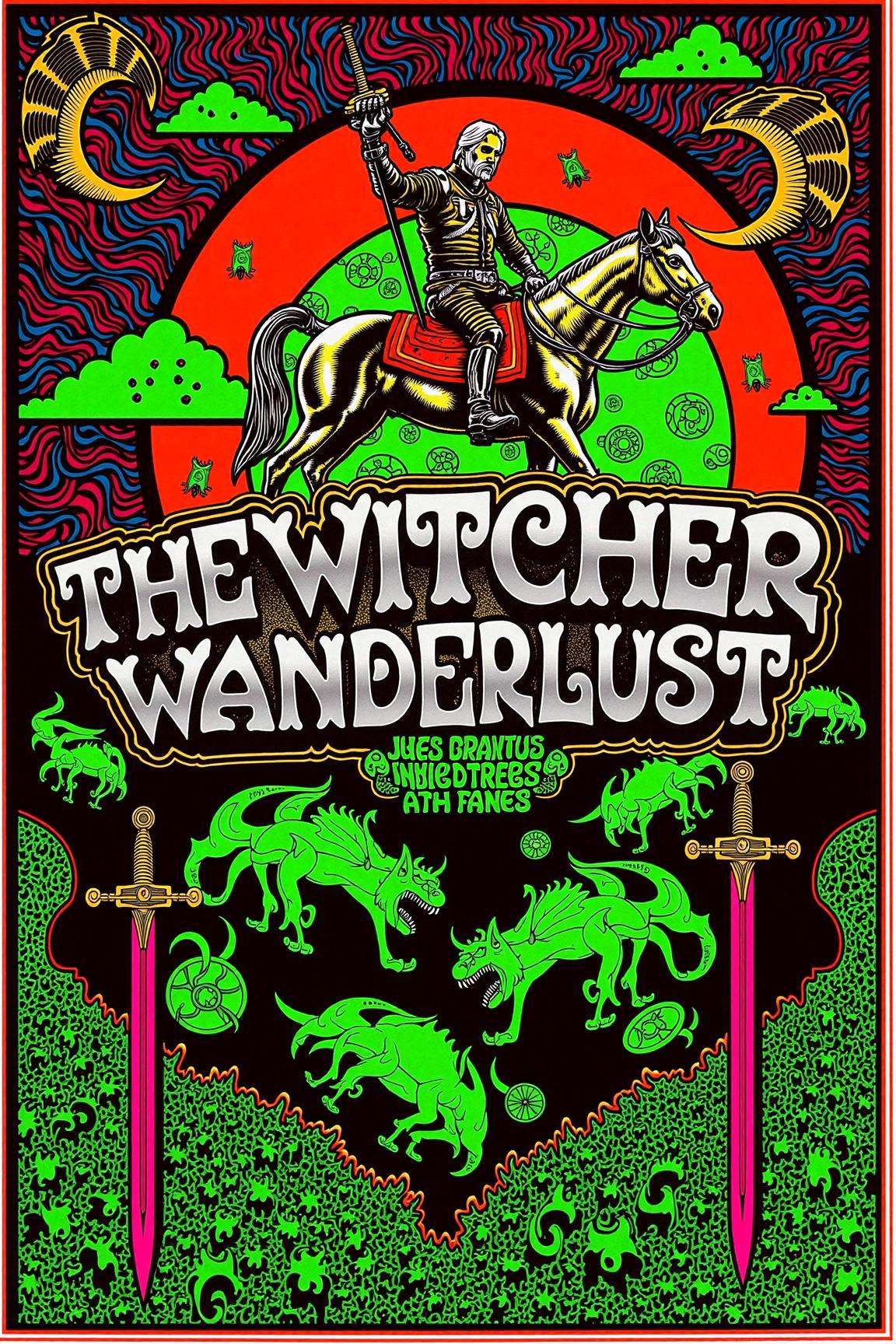 psypop,  70s psychedelic style poster of a "The Witcher Wanderlust" psychedelic 1970s pop art poster,  vibrant Geralt ridi...