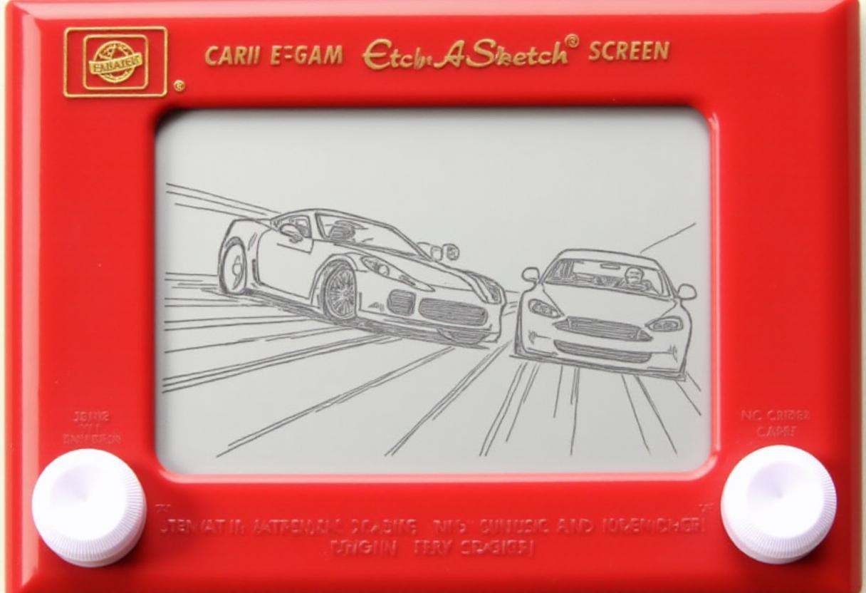 This image is a photograph of a drawing created using the Etch A Sketch toy,  a classic handheld drawing toy that uses a s...