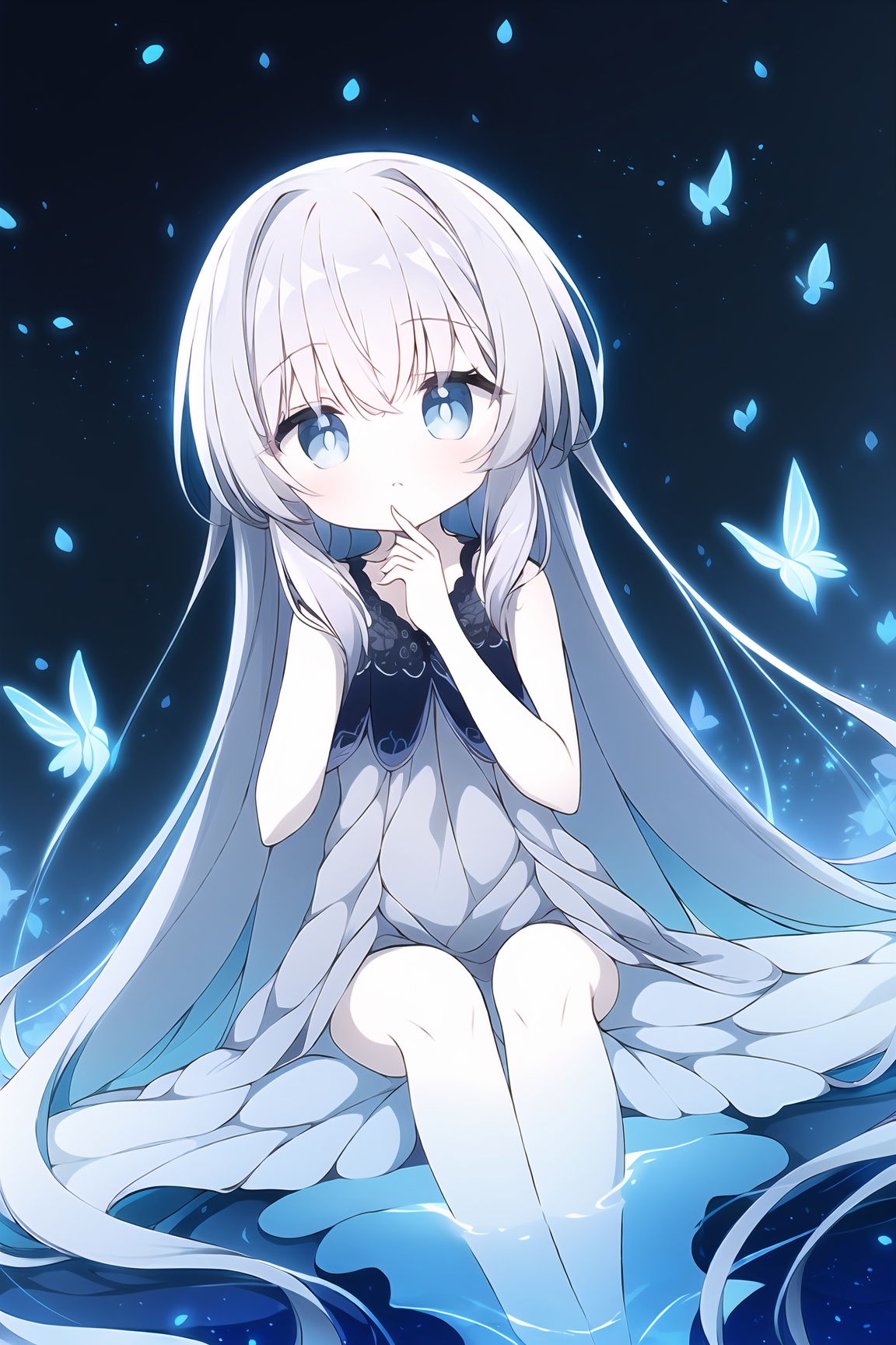 A captivating,  dreamlike anime girl sitting in a fantastical night landscape filled with swirling shades of dark blue,  d...