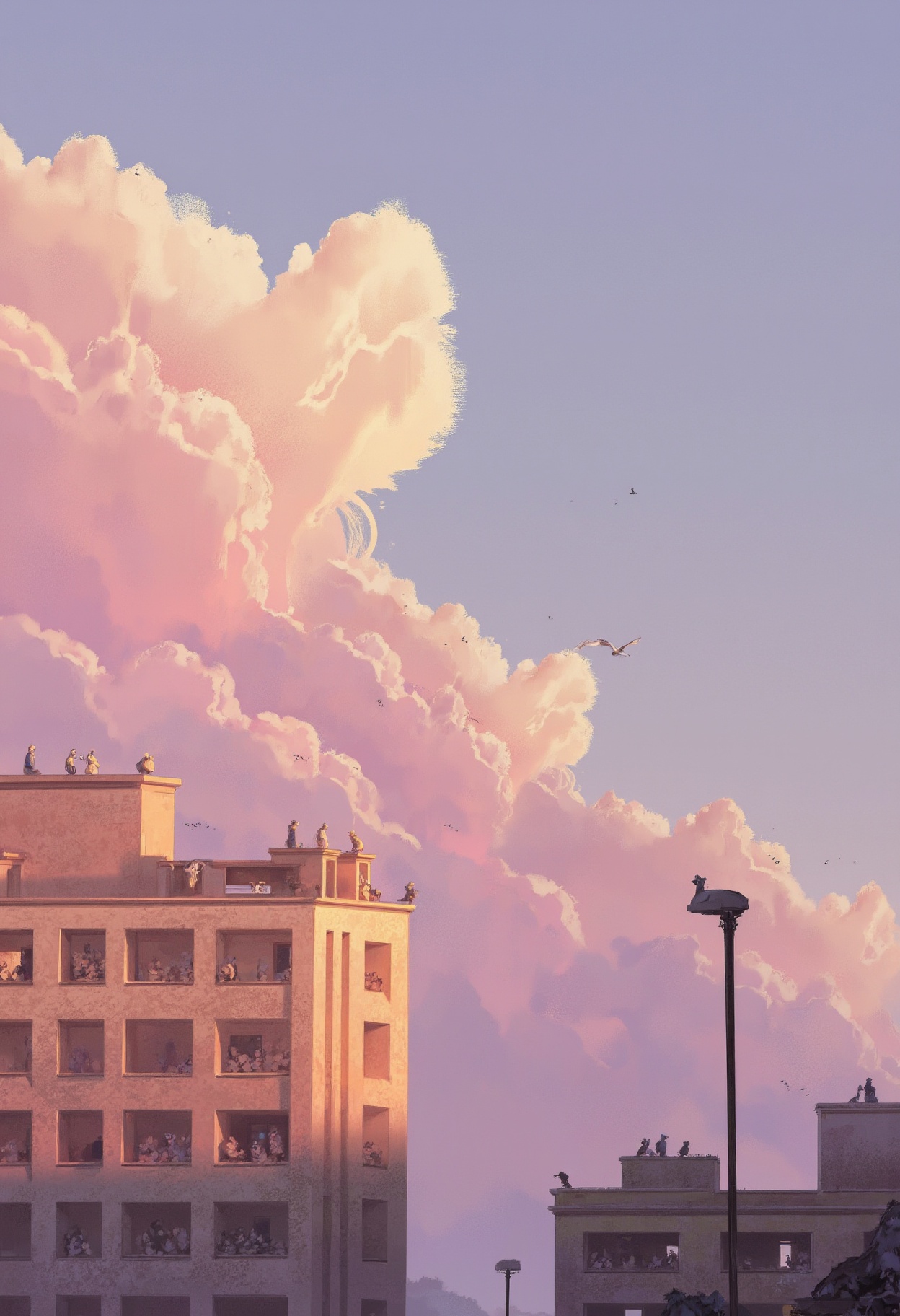 sc3n1ch0r1s0ns,  the background is a soft gradient sky transitioning from pale pink to lavender hues with fluffy clouds an...