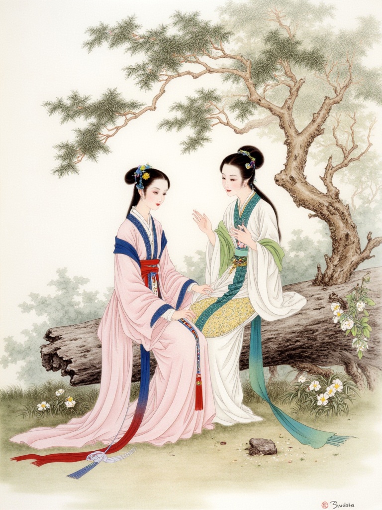 shinv,2girls, multiple girls, hanfu, black hair, hair ornament, chinese clothes, tree, flower, sitting,  makeup,<lora:flux_国画_仕女图:1>