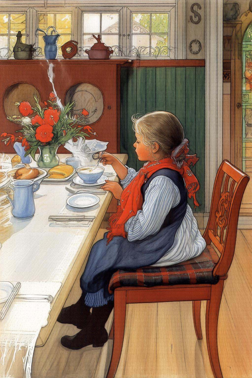 carllarsson2q painting.The scene depicts a young girl seen in a side view,  sitting at a table,  engaged in a breakfast me...