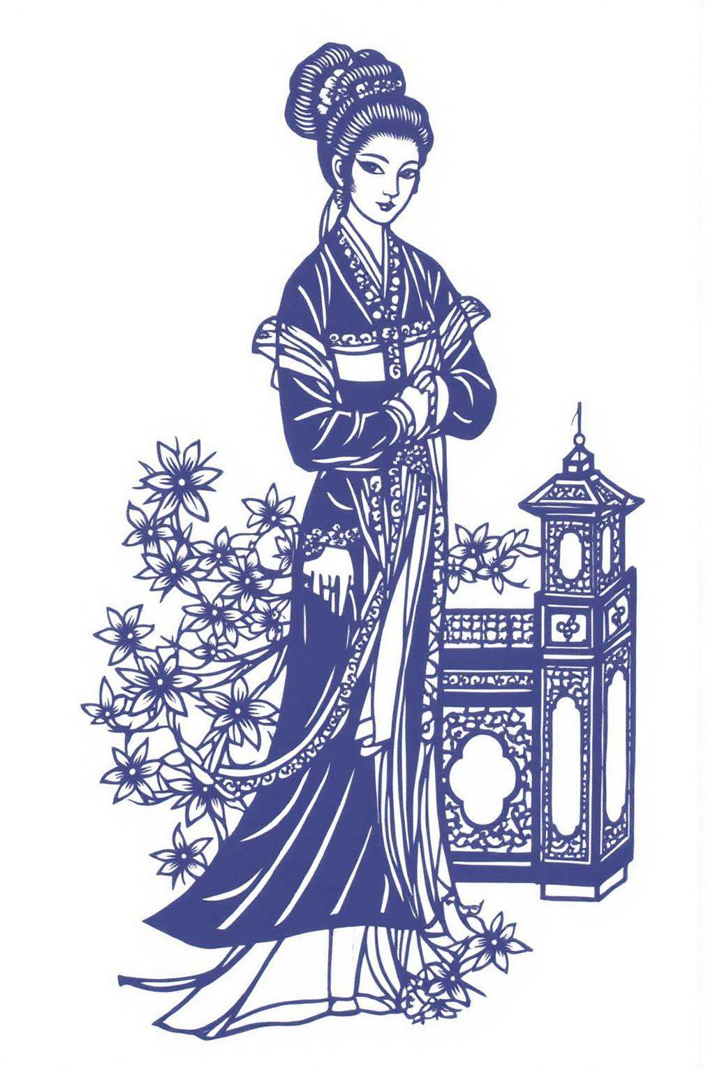 papercut art of a woman is depicted in a traditional Chinese dress,  characterized by flowing,  intricate patterns and fol...
