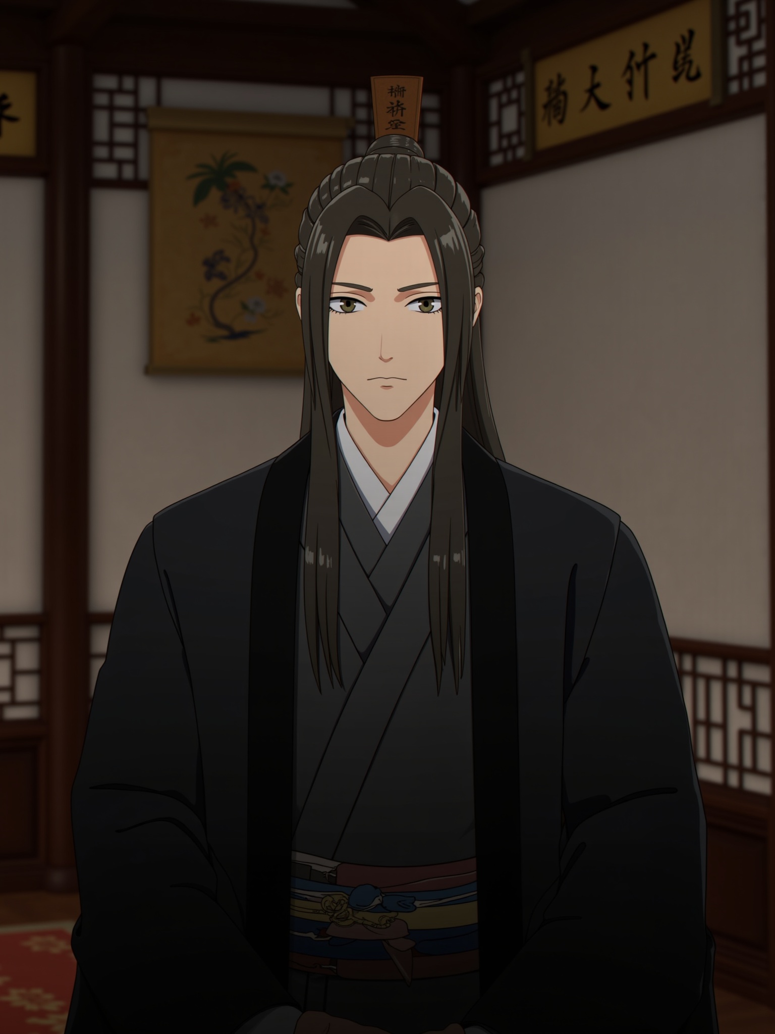 2D style,ancient chinese style,man with black eyes and black hair,black chinese clothes,indoors,