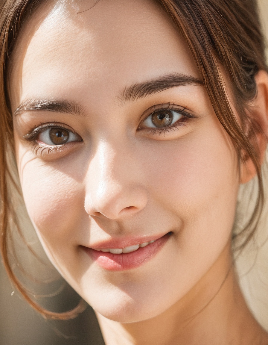 beautiful lady, smirk, brown hazel eyes, hyperdetailed photography, soft light, head and shoulders portrait,