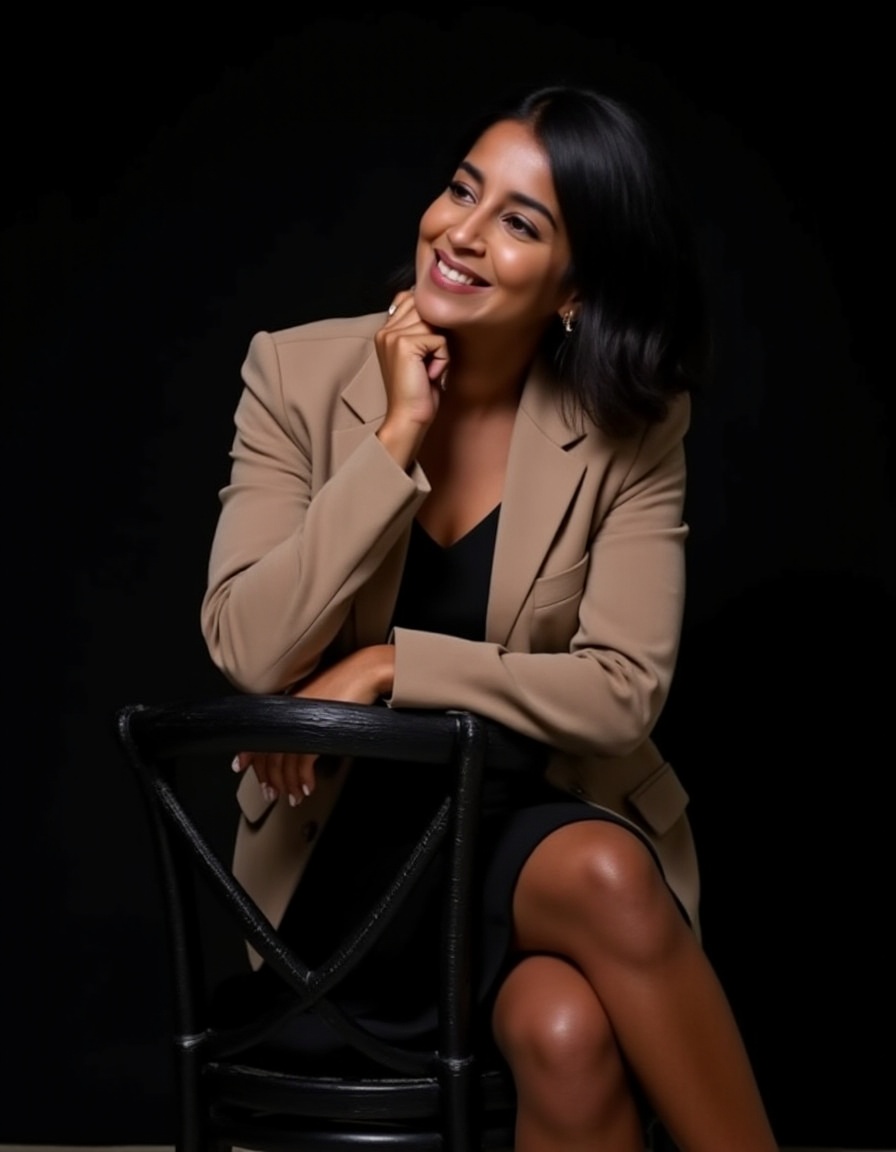 A striking portrait of a confident woman seated elegantly in an ornate black chair. She wears a stylish,  short beige jack...