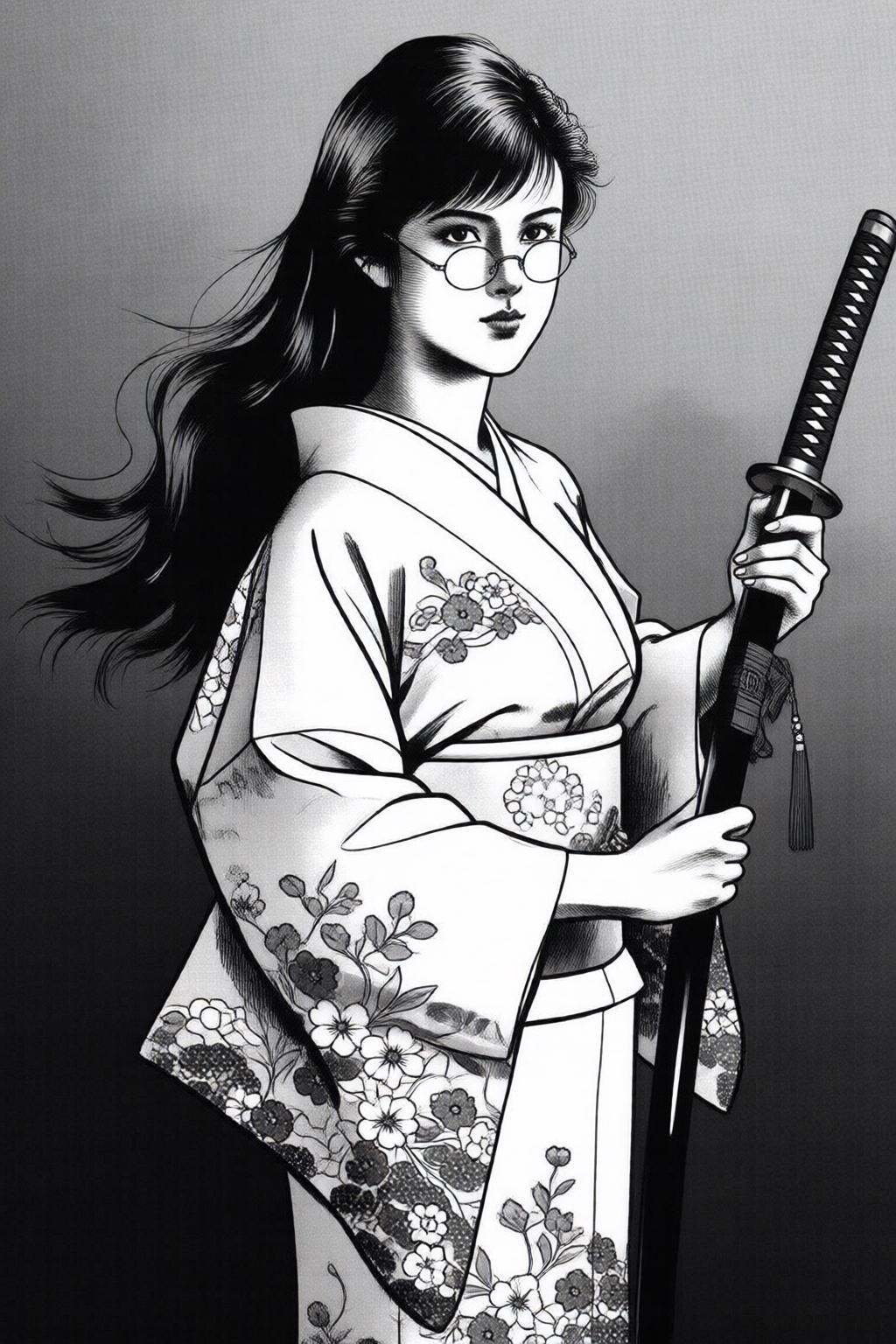 ryoichiikegami2q illustration.A woman with long,  flowing black hair that cascades down her back,  and she wears round on...
