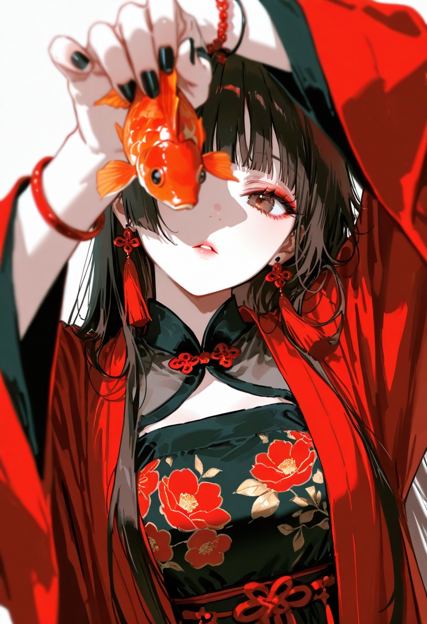 gomzi,hiten,na tarapisu153,nardack,1girl,solo,looking at viewer,hanfu,black nails,nail polish,jewelry,upper body,makeup,long sleeves,blunt bangs,earrings,closed mouth,eyeshadow,hand up,expressionless,parted lips,arm up,wide sleeves,red theme,fingernails,white background,goldfish,eyelashes,brown eyes,close-up,peeking out,simple background,eyeliner,red background,curtains,pale skin,straight hair,red eyeshadow,eyebrows hidden by hair,blending,floral print,bracelet,chinese zodiac,floral print,tassel,chinese clothes,auspicious cloud pattern,one eye covered,two-tone dress,see-through clothes,dynamic pose,dynamic composition,gold_foil,masterpiece,best quality,amazing quality,lazypos,lazyup,high detail,subtle,high contrast,real background,smooth shading,glossy surfaces,colorful depth,enthusiasm,diagonal angle,high angle,dak depth,masterful shading,low kye,dak depth,chiaroscuro,impasto,(shallow depth of field:1.4),(foreshortening:1.4),