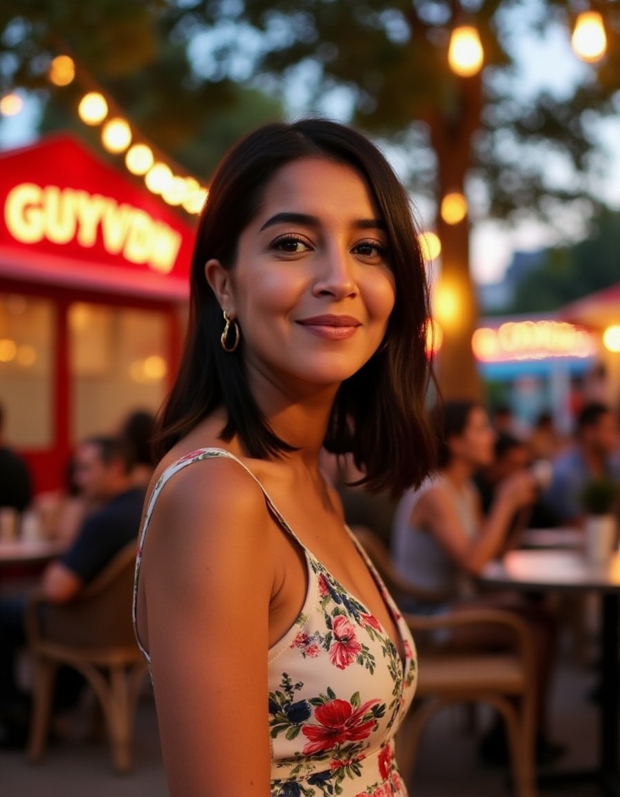 A vibrant outdoor café scene at sunset with a woman standing and smiling in a floral dress,  capturing a warm,  inviting a...