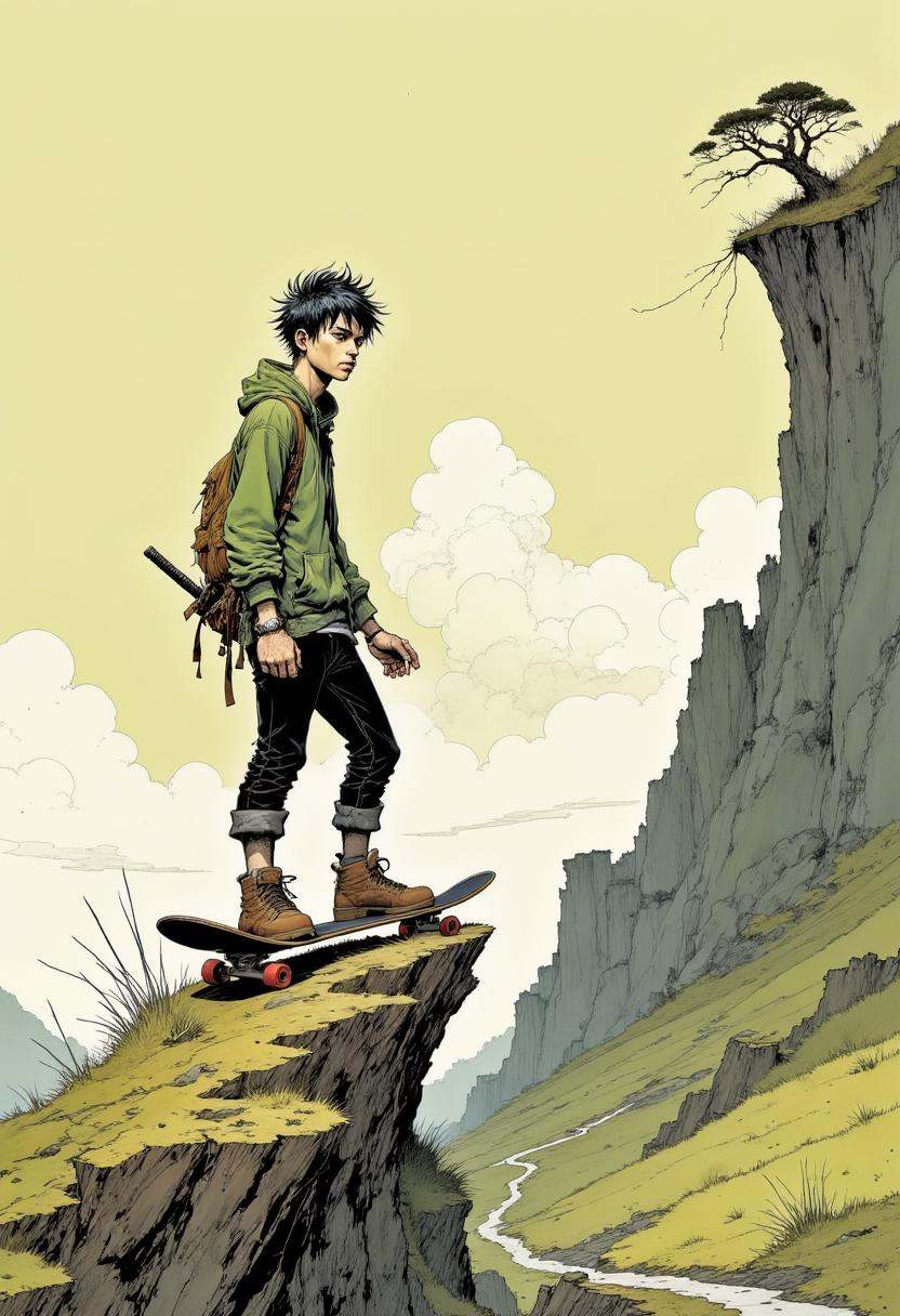 This image is a digital drawing in a detailed,  comic book style. It depicts a young man standing on a skateboard on a rug...