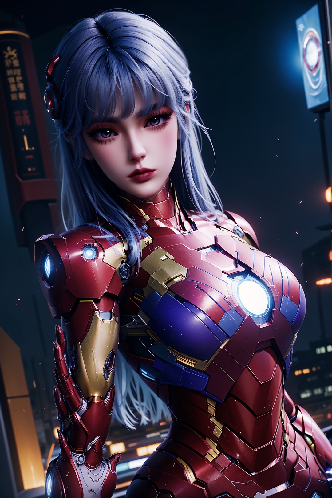 1girl,solo,blue hair,purple eyes,medium hair,closed mouth,lipstick,dress,(((iron man \(series\) armor))),((gigantic breasts)),standing,looking at viewer,outdoors,(hong kong,building),cyberpunk \(series\),neon trim,((fantasy)),game cg,portrait,depth of field,Highly detailed,(ultra-detailed),(best quality:1.5,masterpiece:1.5),SFW,<lora:caier:0.55>,