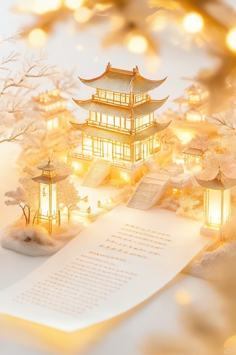 Microarchitecture,juanzhou,A chill scene featuring a tiny, intricately crafted Chinese-style pagoda surrounded by glowing, lantern-style lights and delicate, snow-covered trees. The setup sits on a white surface with a scroll in the front, all drenched in a warm, golden glow.,<lora:juanzhouv1:0.8>