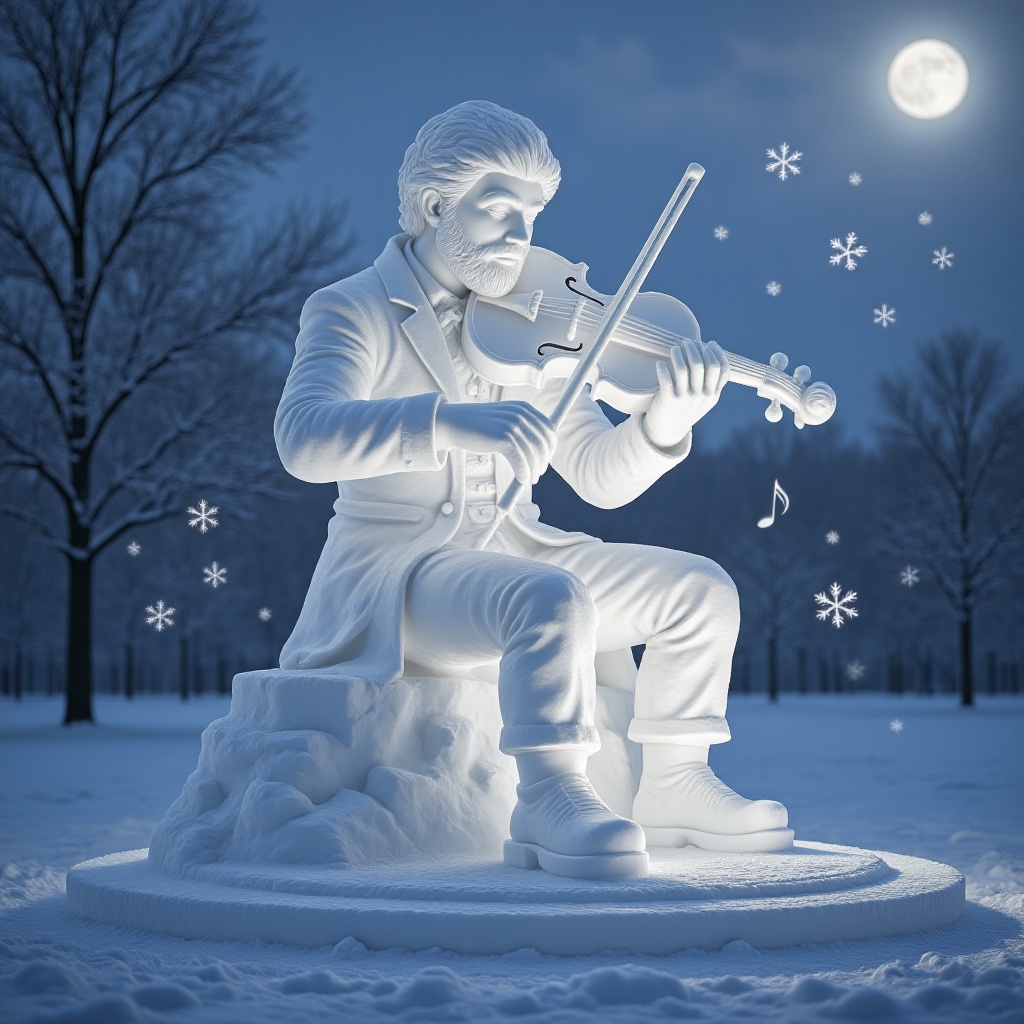 XUEDIAO,  A snow sculpture of a snow musician,  holding an ice violin on Tensor.Art