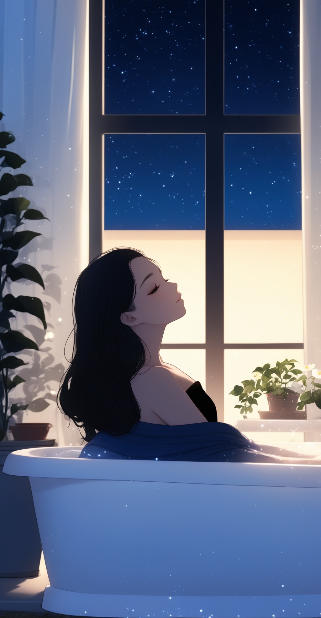 1girl, window, solo, night, long hair, star (sky), plant, sky, bathtub, starry sky, indoors, night sky, curtains, black hair, bottle, bare arms, blanket, profile, closed mouth, bare shoulders, signature, light particles, potted plant, tree, flower, sleeveless,<lora:city life:0.8>,