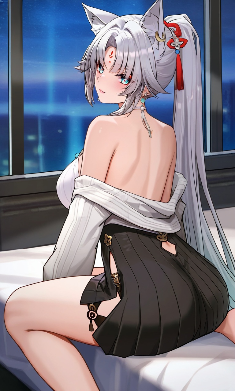 1girl,solo,tj_feixiao,animal ears,long hair,ponytail,multicolored hair,white hair,red eyeliner,aqua_eyes,ringed eyes,forehead mark,ear piercing,tassel hair ornament,tassel earring,a sexy girl sitting alone at the edge of a bed in a minimalist bedroom, wearing a gray satin shirt dress, the fabric softly conforming to her curves, her gaze deep and alluring, beautiful detailed eyes, beautiful detailed lips, extremely detailed eyes and face, long eyelashes, soft natural light entering from a large window, monochrome textures and clean lines, epic stark yet captivating atmosphere(chen bin:0.5),(niliu_chahui:0.9),year 2023,(melailai:0.2),[[artist:as109]],ask_(askzy),efuri (riarea00),fukemachi,borii,minazuki,(uraha246),nonddu,(masterpiece),(best quality),(ultra-detailed),