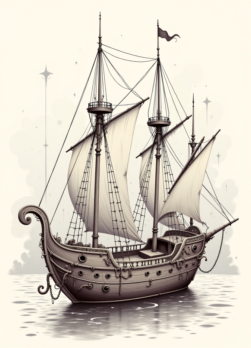 ship with style: A fluid irregular line stroke pastel drawing featuring neutral colours,  enhanced with structured shading...