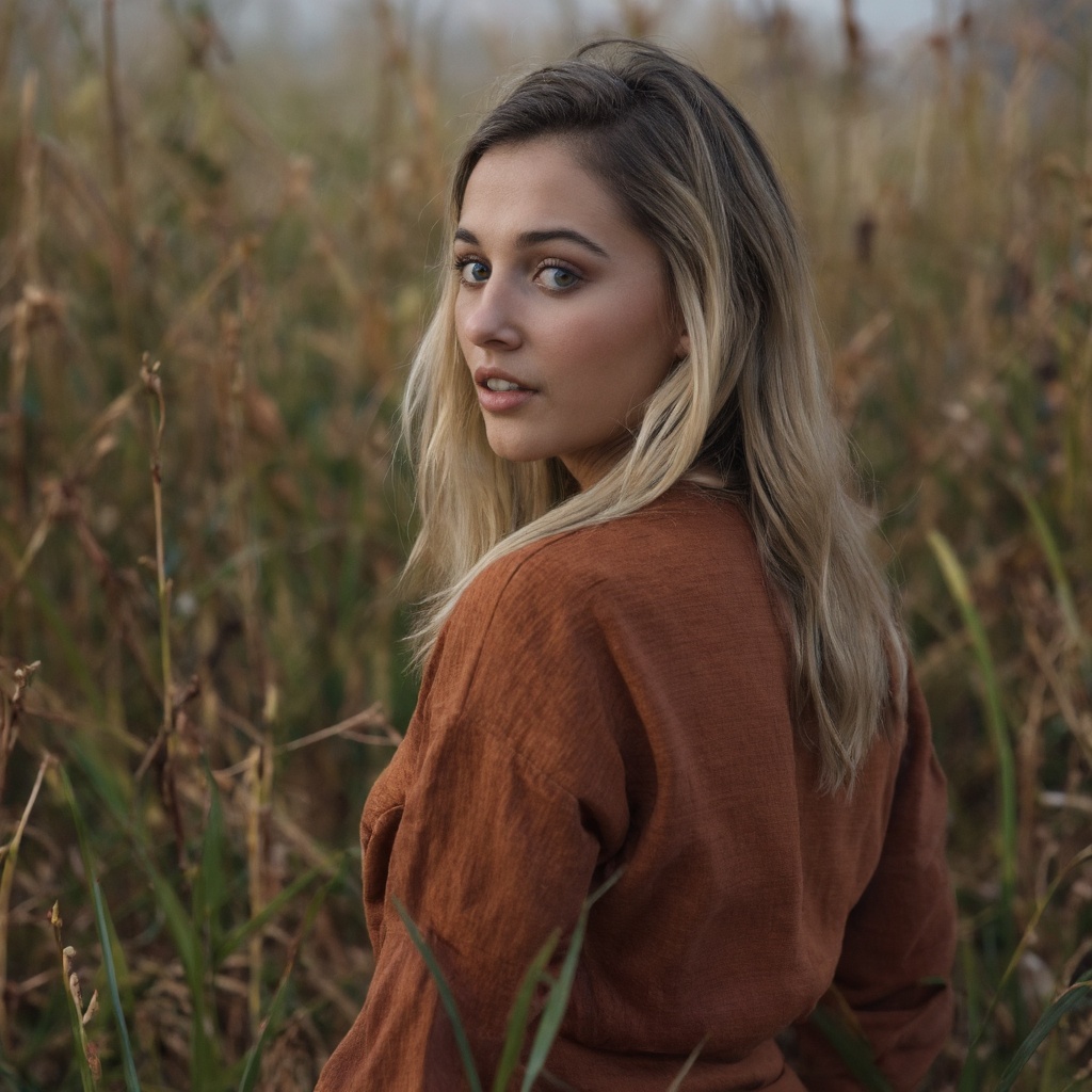 A portrait of naomi_scott with long,  blonde hair,  set against a blurred background of tall grasses. She wears a rust-col...