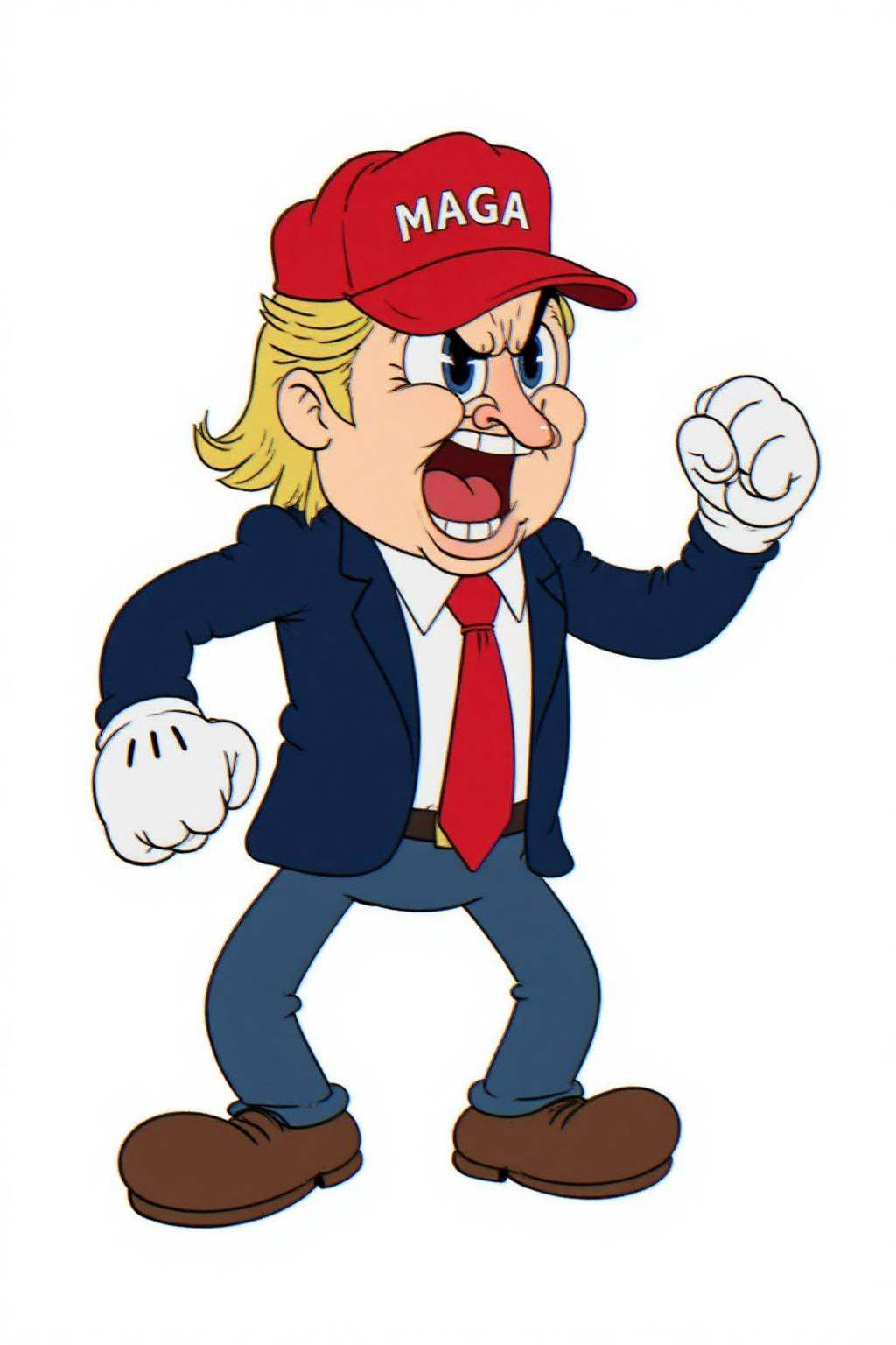 rubber hose animation style.Donald Trump,  wearing red MAGA cap,  shouting angrily on Tensor.Art
