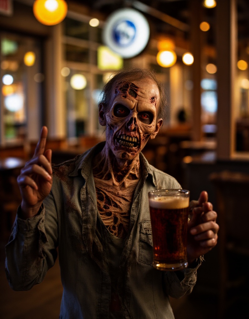 a zombie is holding a beer in a pub on Tensor.Art