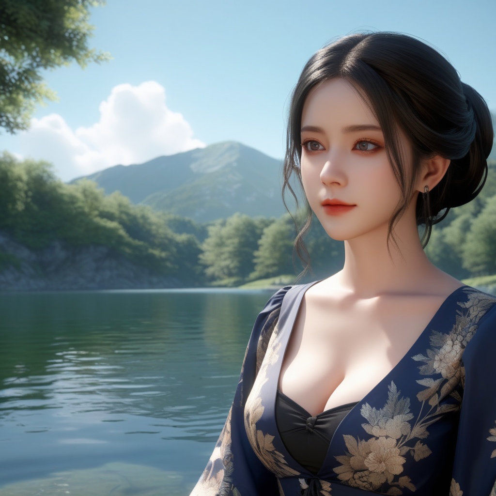 (,1girl, ,best quality, ),,  ,ultra detailed 8k cg,   ,masterpiece, (( , )) , lake,upper body,   (cleavage),,  (), <lora:823-DA-XL-国模-恶女-VIVI:0.8>,