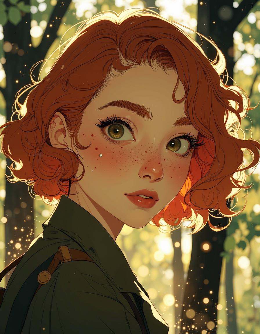 Anime style.a kawaii redhead girl with freckles looking at the camera. cute face,  She has big red almond eyes and is look...
