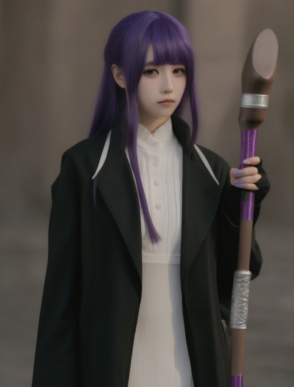 expressionless,<lora:Philen-000005:0.8>,Philen is Wearing a white dress and a black jacket with purple hair held a purple stick in her hand,