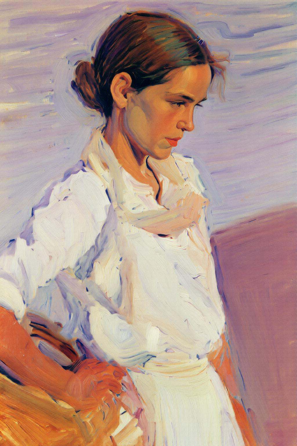 joaquinsorolla3q painting.A thin woman,  shown in profile,  is dressed in a white shirt and a light-colored skirt. Her hai...