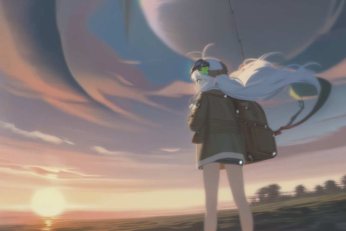 masterpiece,best quality,illustration,ultra detailed,hdr,Depth of field,(colorful),artist:tianliang duohe fangdongye,bright outline,1girl, solo, bomber jacket, pilot coat, goggles on the head, white long hair, Green eyes , four-leaf clover, wind-blown clothes, leather boots, leather material, bare legs, brown backpack, walkie-talkie, antenna, scout, exploration, signal transmitter, sunset, setting sun, Tyndall light, horizon, ultimate color, melancholy expression, the girl looks into the distance, parachute, cumulonimbus, clouds, aerial view, distant view, airship, hyperdetail, nature landscape, clouds,  
