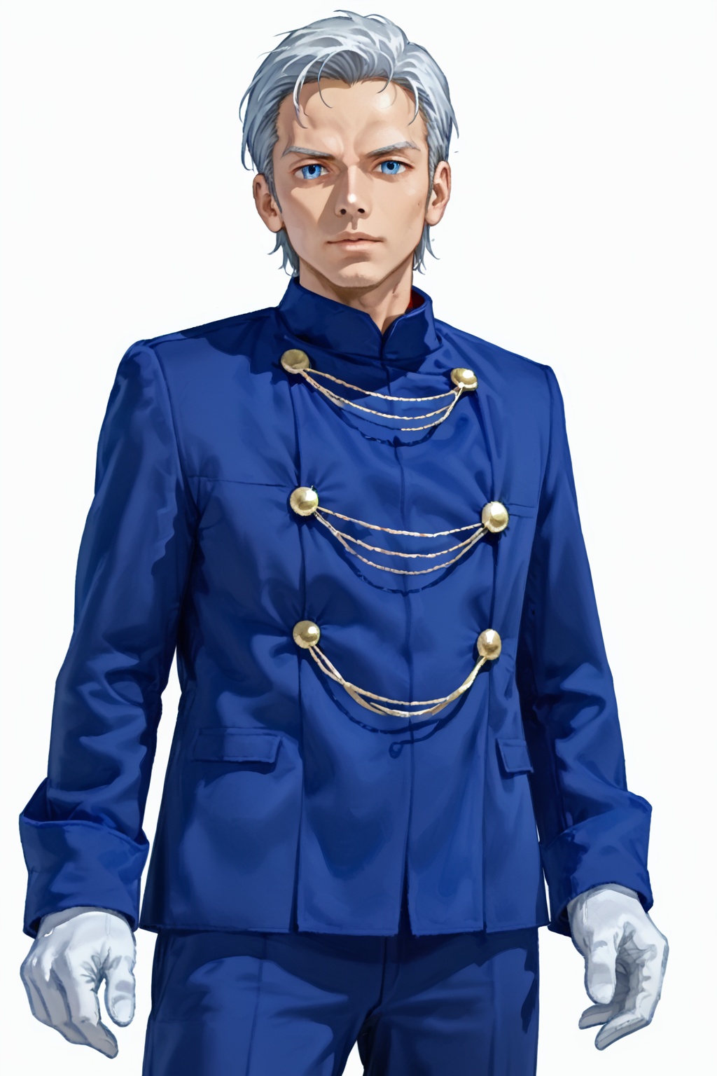 (masterpiece:1.3),(the best quality:1.2),(super fine illustrations:1.2),(Masterpiece),high quality,high detail,(white background:1.2),looking at viewer,(SOLO:1.4),outline,simple background,upper body, cowboy shot,looking at viewer,(((arms at side))),    sarome seijin, uniform, military uniform, pants, jacket, chain-link, blue jacket, blue coat, white gloves, military<lora:萨洛梅-ponyXL:0.8>