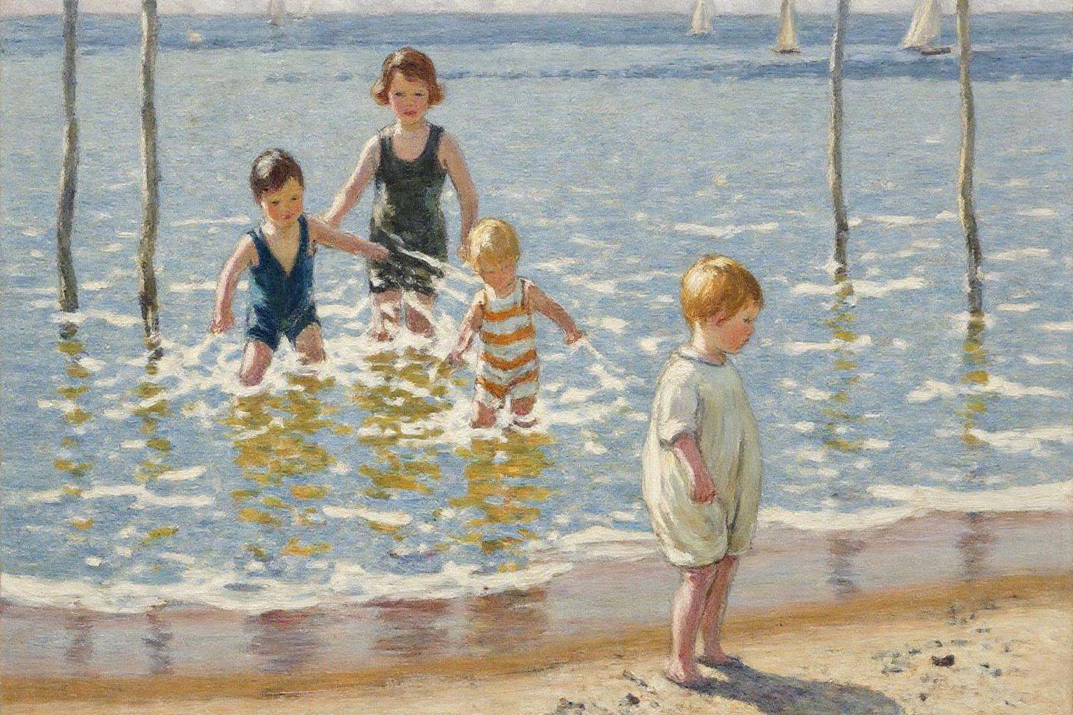 dorotheasharp1 painting.Four children play in the water on a beach. The children in the water wear vintage swimwear,  with...