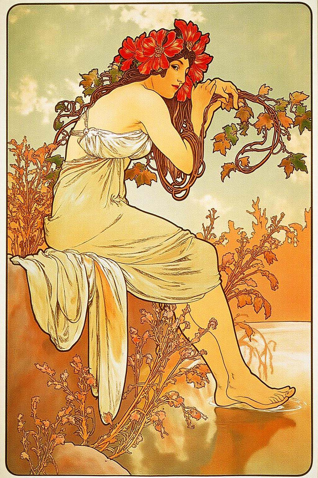 mucha1 illustrationSide view of a woman with long,  flowing hair adorned with red flowers and leaves,  suggesting she is i...