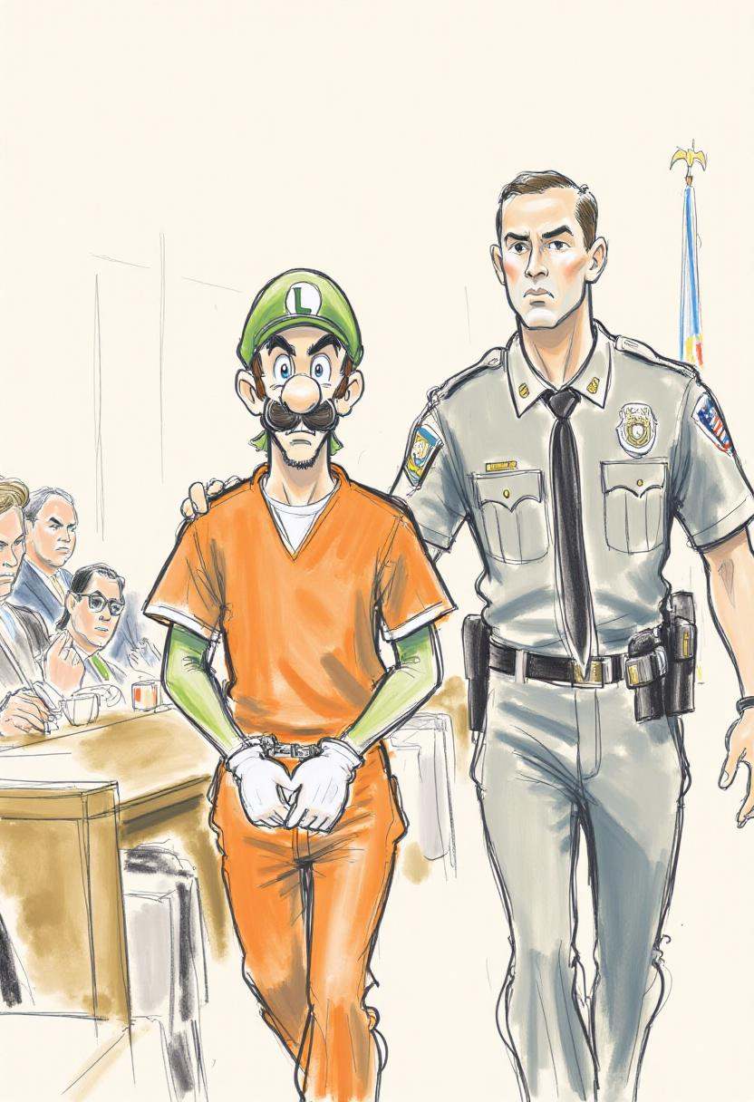 This is a detailed,  hand-drawn courtroom scene in a sketchy,  watercolor style depicting Luigi wearing an orange prisoner...