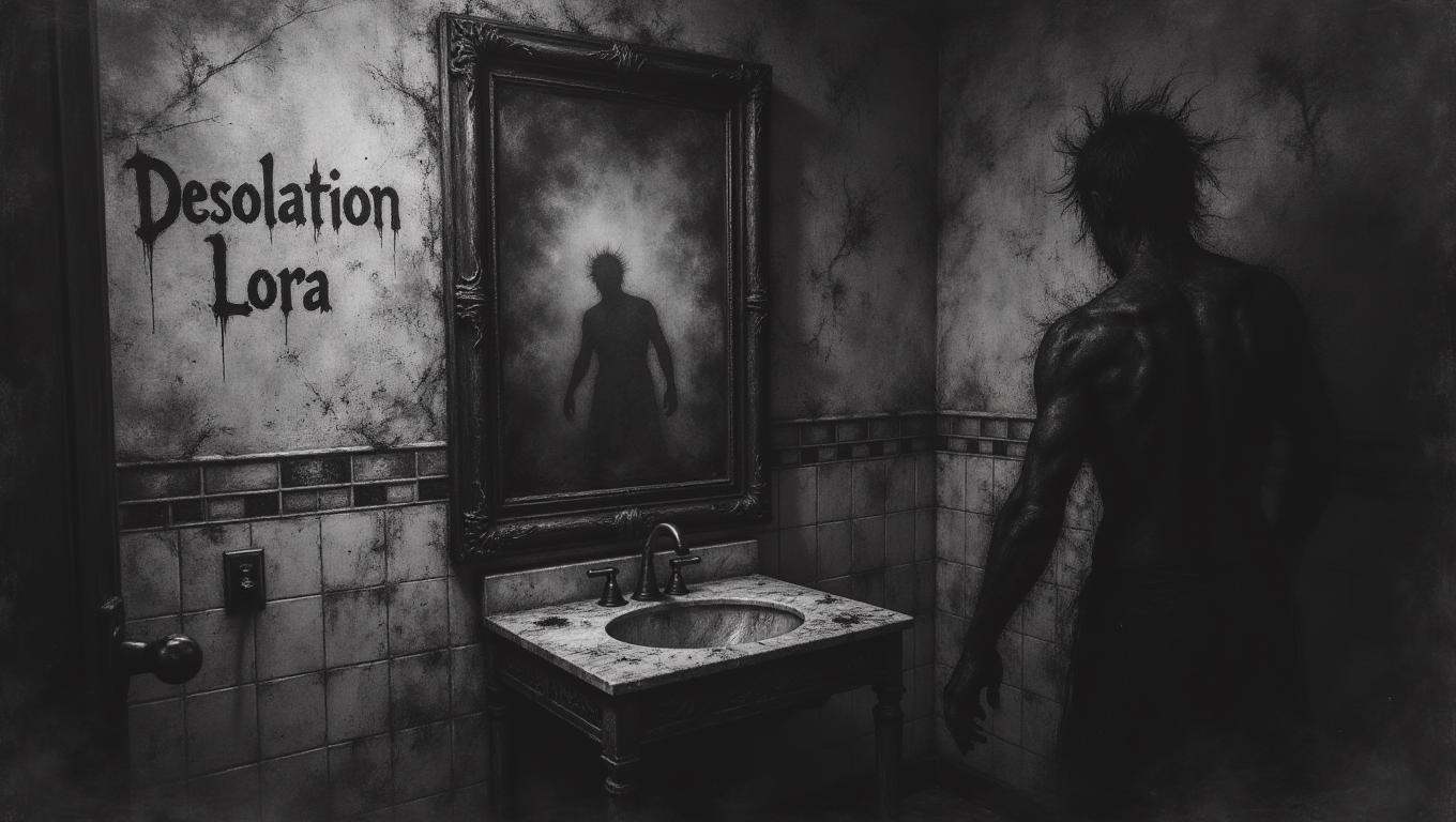 mirror in a decrepit bathroom,  covered in dark,  dried blood that seems to pulse with an unnatural energy. The reflection...