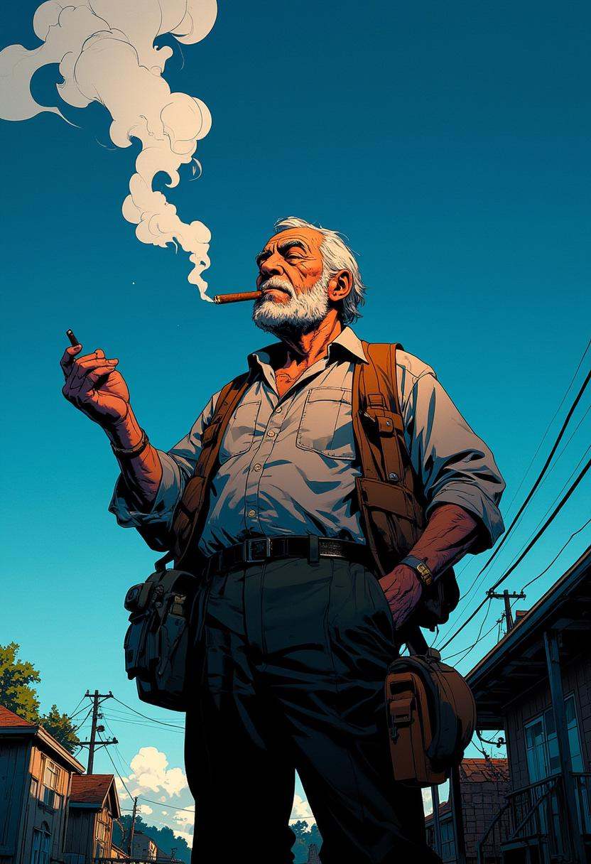 Detailed anime style,  an old man smoking a cigar after hard labour day,  tired on Tensor.Art