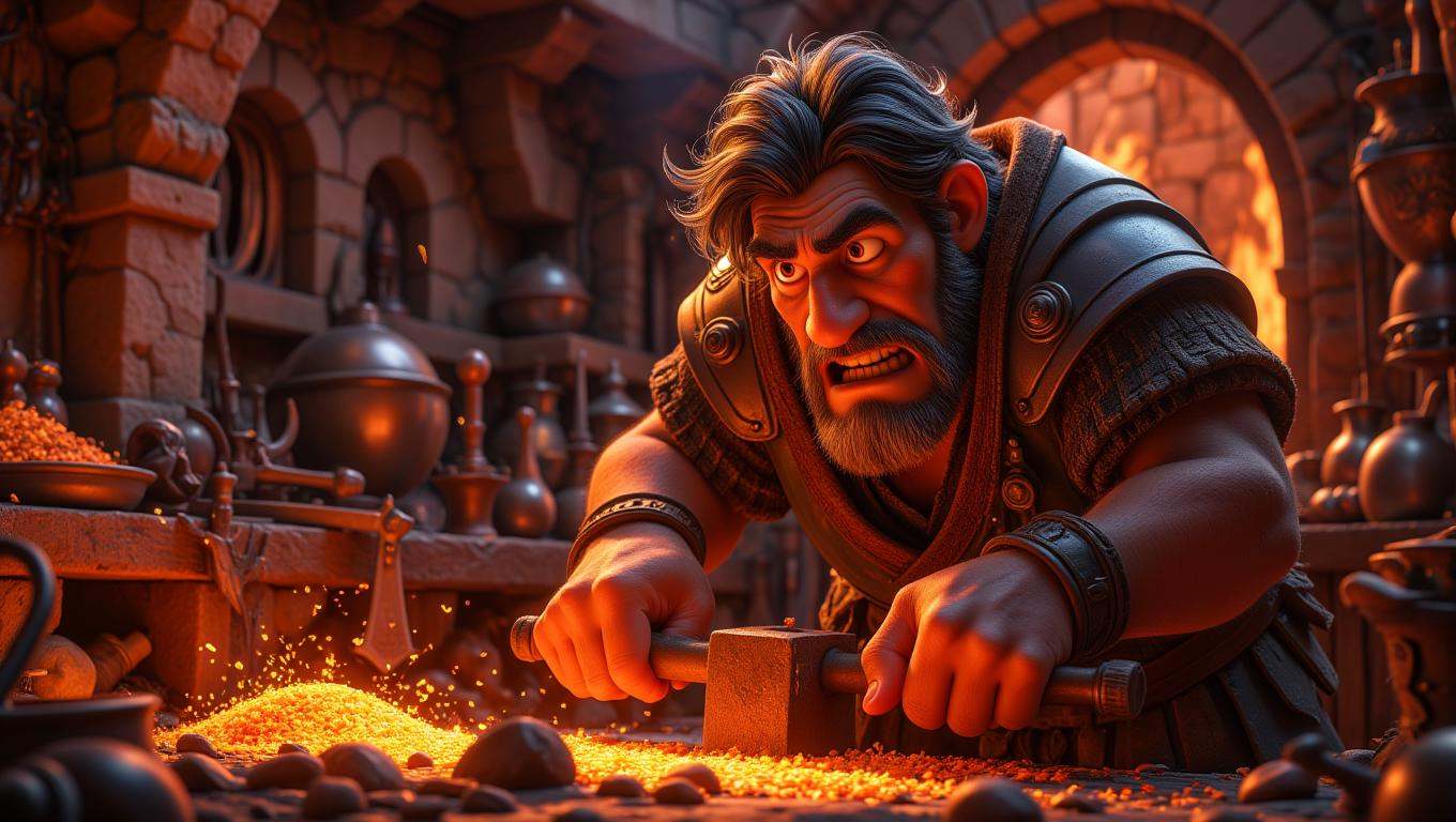 A rugged blacksmith,  with muscular arms and a weathered face,  hammers away at a glowing piece of metal in a smoky on Ten...